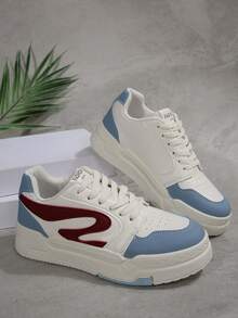 Women's Casual Sneakers - Chic White With Blue & Red Accents, Lace-Up Round Toe Faux Cover Upper, Breathable Fabric Lining & Cushioned EVA Insole, Durable Rubber Sole Low-Top All-Season Walking Shoes For Casual Attire, Ladies Sneakers, Sleek Sneaker Design - Blue - View 6