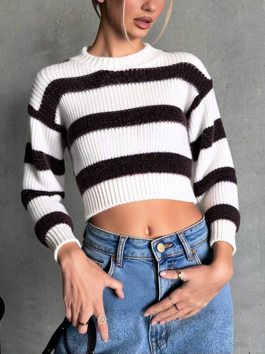 Sueter crop top sweater corto dama mujer casual manga larga cuello redondo tejido brilloso cómodo suave calientito moderno juvenil dia noche diario calle oficina aesthetic y2k estampado rayas rayado - Marrón Chocolate - Ver 1