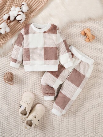 两件套幼儿男童格子羊毛长袖上衣和裤子冬季套装