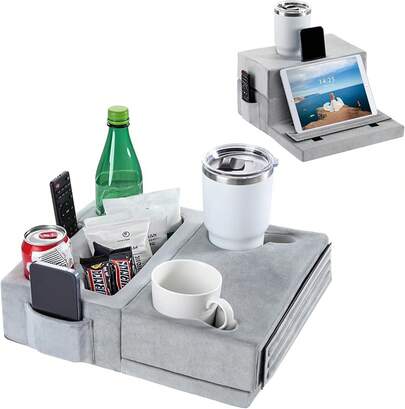 Luxspire Couch Cup Holder Tray, Couch Cup Holder With 8 Holes And Side Pocket, Couch Caddy/Drinks/Remote Control/Snacks Holder, Gray