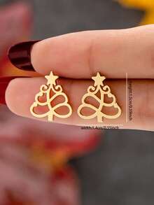 1 Pair Minimalist Christmas Tree Earrings - Winter Holiday Christmas Tree Jewelry Gift, Suitable For Women And Girls - Gold - View 3