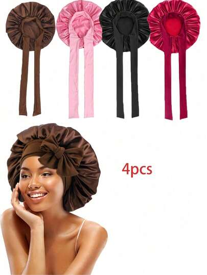 1件/4件装 女士缎带蝴蝶结弹力发带，发箍，美容院头饰，缎面睡帽，缎面睡帽