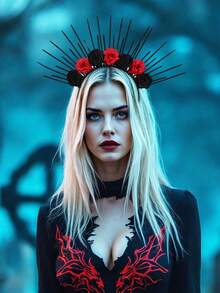 1 pièce Serre-tête noir et rouge à fleurs pour femmes, serre-têtee pour le festival d'Halloween, bandeau pour cheveux - Multicolore - Voir 2