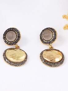 1 Pair Vintage Chic Luxury High-End Geometric Round Rhinestone Alloy Dangle Earrings For Women - Medieval style geometric shapes - View 4