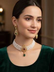 1 Set Handmade Palace Style Metal Hollow-Carved Rhinestone Inlaid Beaded Necklace With Matching Metal Earrings Jewelry Set, Suitable For Women Wedding, Party, Festival, Gift - Jewelry Sets - View 10