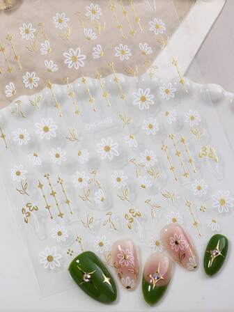 1PC 2D Hot Stamping Process Nail Stickers, Plants Flowers Nail Decoration, Silver Gold Daisy, DIY Nail Stickers, Easy To Use, For All Seasons, Long & Short Nails, For Cute, French, Simple Style, Daily & Festive Nail Decoration