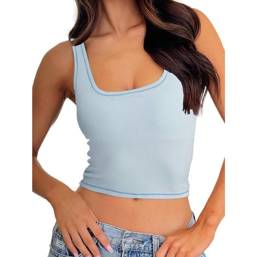 Women Rib Tank Top Padded Workout Top Square Neck Crop Tank Fitted Basic Cami Tops - Blue Ice - 查看 1