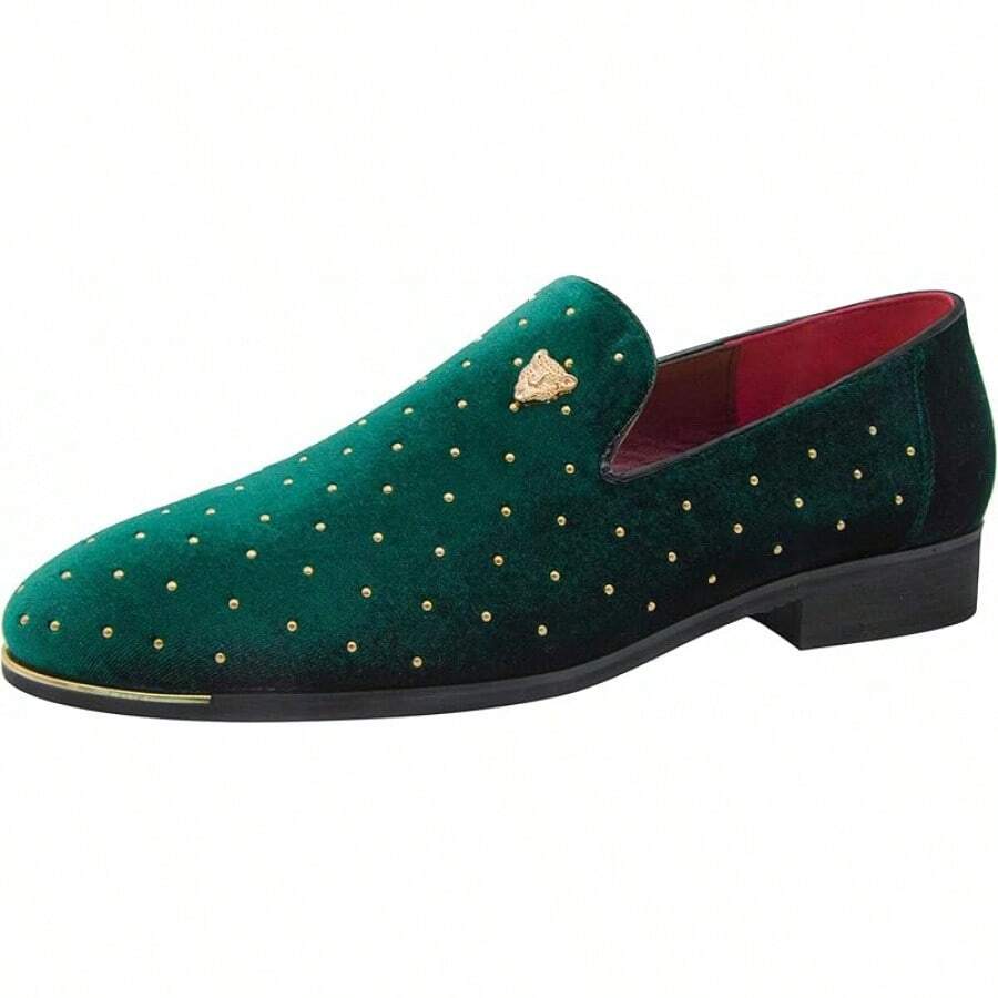 Men's Pointed Toe Rivet Dress Shoes Glitter Modern Metallic Slip On Loafers Plus Size-20256688 - Green - View 1