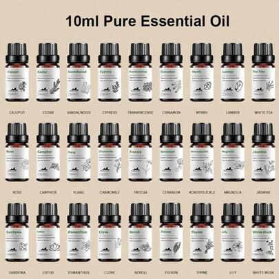 زيت أساسي عطري 10 مل / 0.33 أونصة سائلة، بنكهات الخزامى، الياسمين، الكافور، الفانيليا، النعناع للمبخرات والمرطبات، أريج العلاج بالتدليك واسترخاء الاستحمام، الصندل، اللبان، البرتقال الحلو، الايلانج، الليمون، الورد، القرنفل، الليمونة، القرفة، الأرز، المر، إبر الصنوبر