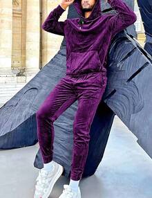 Mens 2 Piece Velour Hoodie Tracksuit Long Sleeve Velvet Hooded Pullover Casual Athletic Jogging Sweatsuit Set-2025 - 紫色 - 查看 6
