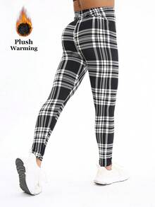 1 Pack Women's Plaid Thermal Lined Leggings, Black & White, Elastic Skinny Pants, European & American Fashion, Casual & Elegant, Slimming, Warm & Comfortable For Home, Yoga, Fitness, Outdoor, Casual Wear, Gifts