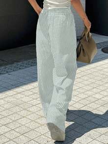 Wide Leg Striped Elastic Palazzo Pants With Pockets - Grey - View 2