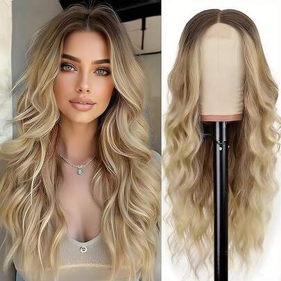 Long Wavy Wigs For Women 26 Inch Middle Part Wig Synthetic Heat Resistant Fiber Women Wigs For Daily Party Use