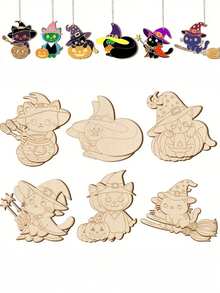 12pcs Magic Cat Unfinished Halloween Wooden Decoration, Halloween Cat Coloring Wooden Crafts, Hanging Ornaments - DIY Handmade Set - DIY Painting Set - Perfect For Holidays, Birthdays And Room Decorations