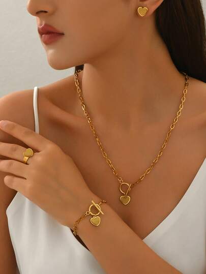 5 Stücke Edelstahl Herz-förmiges Schmuckset - Halskette, Armband, Ring, Ohrringe, perfekt für Dates, Jahrestage und Geschenke