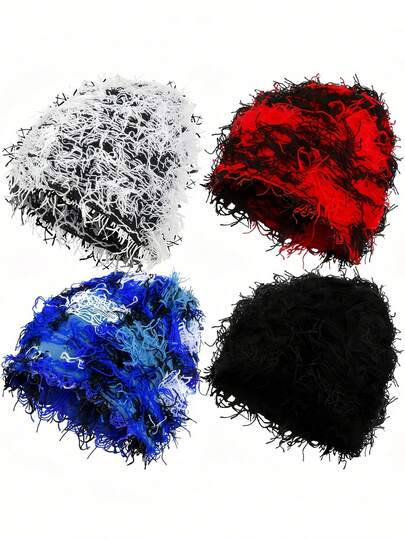 4pcs Distressed Knitted Beanie Fuzzy Winter Hats Thick Warm Beanies Snow Hats Skull For Women Men Outdoor Ski Knit Cap Fall