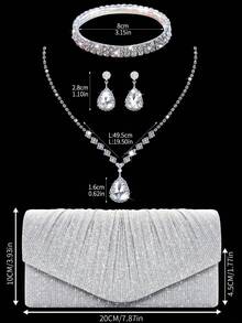 Fashionable Pleated Clutch Bag Evening Bag Prom Bag, Shiny And Elegant Bridal Wedding Bag Women's Handbag Purse Shoulder Bag, Matched With Luxurious Rhinestone Jewelry Three Pieces Set, Sparkling Rhinestone Necklace, Bracelet, Earrings, Suitable For Parties, Gatherings, Weddings - Silver - View 4