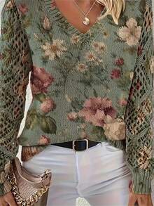 优雅花卉印花 V 领长袖毛衣，百搭波西米亚风格上衣，适合春、夏、秋、冬，时尚针织套头衫，适合办公室、街头、家居、旅行 - 綠色 - 查看 4