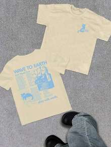 WAVE TO EARTH Play With Earth Letters Kitten Print Men's T-Shirt, Simple Art Harajuku Style, Band Music Kitten T-Shirt, Fashion Casual Loose Men And - 米色 - 查看 1