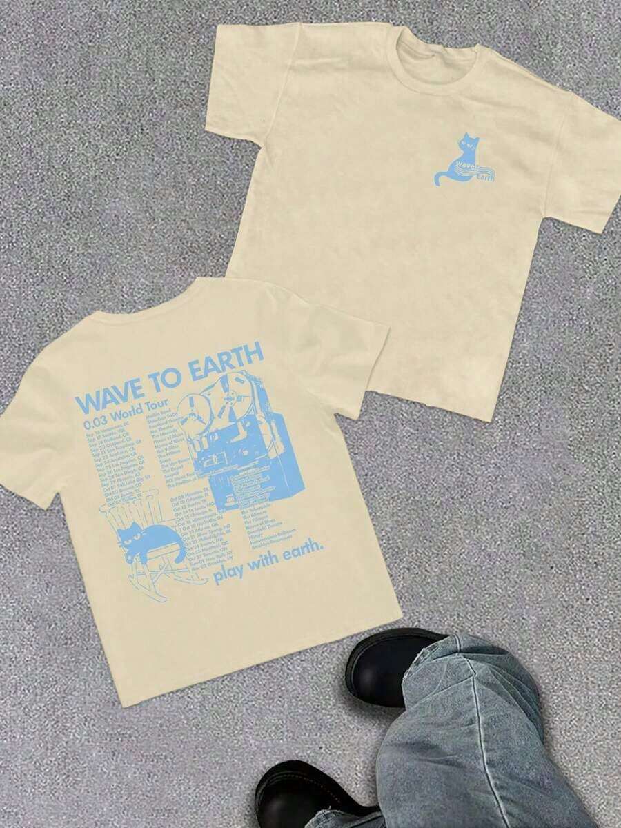 WAVE TO EARTH Play With Earth Letters Kitten Print Men's T-Shirt, Simple Art Harajuku Style, Band Music Kitten T-Shirt, Fashion Casual Loose Men And - 米色 - 查看 1