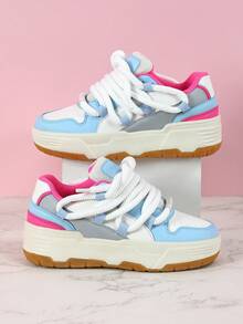 2025 New Fashionable Autumn/Winter Casual Sneakers, White & Blue Color Block Back To School Lace-Up Low-Top Skateboard Shoes For Men, Comfortable Breathable Canvas Shoes Suitable For Walking, Sports, Gift