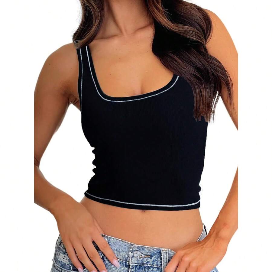 Camiseta de mujer de costilla con acolchado, top de entrenamiento de cuello cuadrado, top corto ajustado, camiseta básica de tirantes - Negro - Ver 1