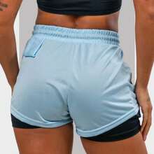 Women's 2 In 1 Dry Fit Gym Shorts Double Fitness Bermuda Shorts Hidden Cell Phone Pocket For Training Walking Tennis And Other Sports - Màu xanh dừa cạn - Xem 5