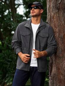 Mens Military Jacket Full Zip And Button  Field Jacket Multi Pocket Cargo Outdoor Coathalloween - 深灰色 - 查看 8
