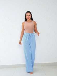 Wide Leg Striped Elastic Palazzo Pants With Pockets - 藍色 - 查看 3