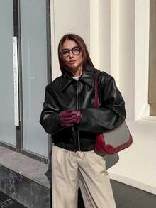 复古休闲摩托车风女式皮夹克，轻薄哑光面料，时尚拉链设计，春季黑色款 - 黑色 - 查看 3