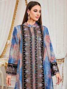 SISKAKIA Vestido tejido con estampado todo sobre todo elegante bordado, adecuado para vacaciones, citas, cumpleaños, fiestas formales - Azul - Ver 4