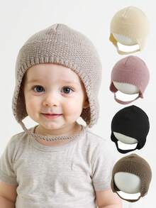 1 pezzo Cappellino con paraorecchie per neonati, berretto lavorato a maglia di colore unito adatto per neonati maschi e femmine, per autunno/inverno/primavera, per proteggere testa e orecchie dal freddo
