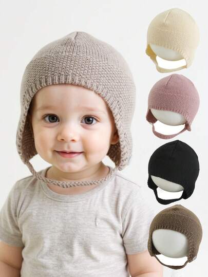 1 pezzo Cappellino con paraorecchie per neonati, berretto lavorato a maglia di colore unito adatto per neonati maschi e femmine, per autunno/inverno/primavera, per proteggere testa e orecchie dal freddo
