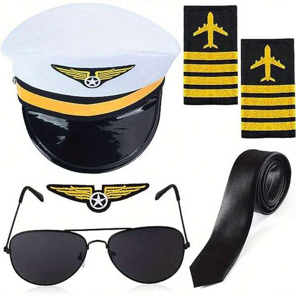 5-Piece Set, Pilot Costume Set, Including Aviation Pilot Captain, Pilot Cap, Shoulder Patch, Badge, Tie Accessories, Prom Party Role Play Set, Cos Role Set