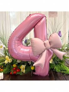 2pcs/Set 32-Inch Large Pink Number & Bow Foil Balloon Set, Suitable For Birthday Party, Outdoor Events, Anniversary, Holidays, New Year Party Wall Decor - Pearlescent Pink Butterfly Balloon Set - View 6