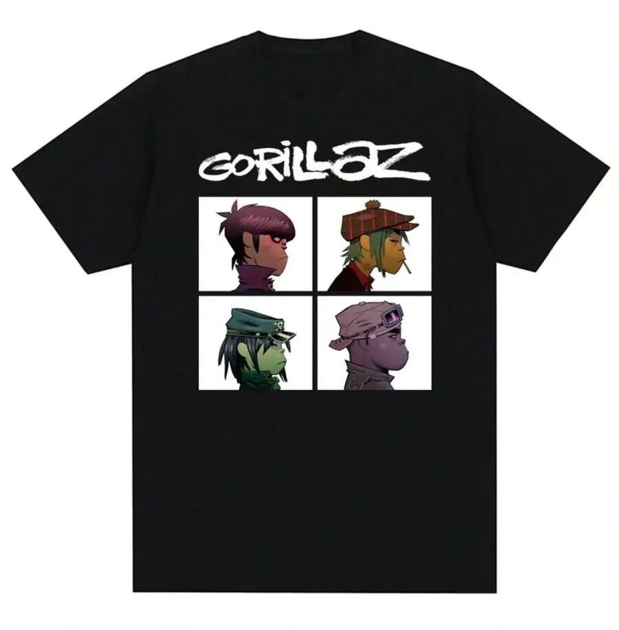Music Band Gorillazs Punk Rock Print T Shirt 90s Casual Fashion Short Sve Plus Size T Shirt Uni - 黑色 - 查看 1