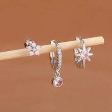 3 件时尚星形锆石可堆叠耳钉，适合女士，18K 镀金不锈钢方晶锆石独特花朵星形耳钉套装，优雅穿孔首饰，适合耳屏耳轮，适合女士 - 銀-粉-3pcs - 查看 2