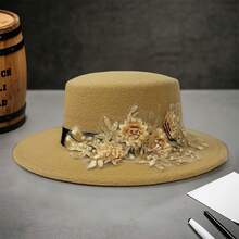 Womens Fedora Hat Stylish Elegant Decorative Flower Panama Hat Wide Flat Brim Jazz Cap - 卡其色 - 查看 2