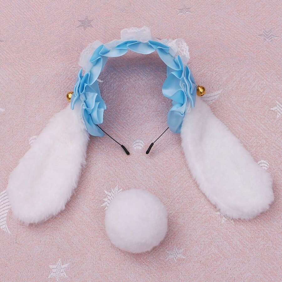 2 Pcs Rabbit Cosplay Costume Accessory Cute Lolita Style Plush Bunny Ear Headband And Tail Set For Women Girls - Màu xanh lam - Xem 1