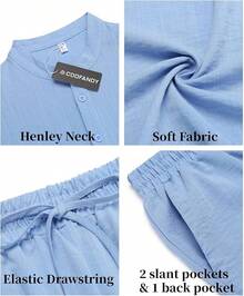 Men's 2 Pieces Linen Set Casual Henley Short Sleeve Shirts Beach Yoga Shorts Summer Outfits - Màu xanh lam - Xem 5