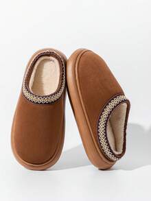 Solid Color Plush Slippers For Autumn/Winter, EVA Thick Bottom Non-Slip Faux Suede Plush Fabric Upper Warm Shoes, Soft Bottom Indoor/Outdoor Wear Suitable For Winter - Coffee Brown - View 4
