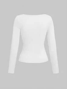 Top de manga larga básico y minimalista con cuello redondo, de doble capa, sin costuras y ajustado, para uso casual en primavera - Blanco - Ver 5