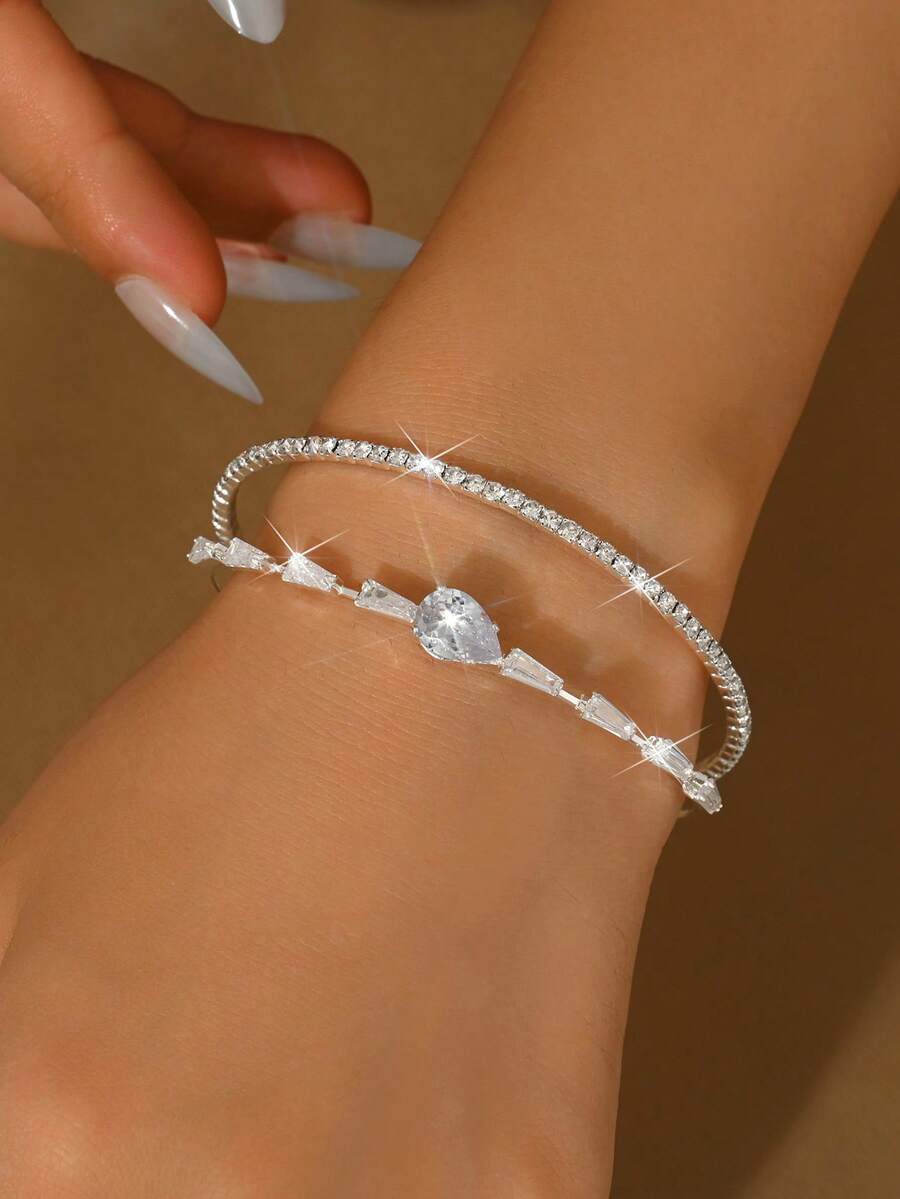 1pc Minimalist Copper Inlaid Crystal Water Drop Bangle Bracelet, Suitable For Daily Wear