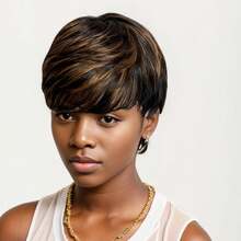 High Light Synthetic Wig Short Straight Pixie Short Bob Wig Honey Blonde Mixed With Black Hair For Ladies - Multicolor - View 5
