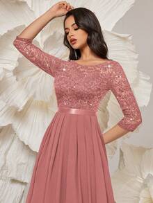 MIUSOL 优雅亮片花卉蕾丝七分袖褶裥雪纺正式派对长裙，正式晚礼服，适合婚礼宾客、毕业典礼、宴会及其他场合，春季款 - 藕粉色 - 查看 9