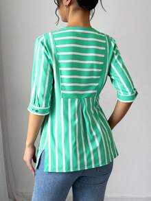 Blusa mujer verde rayas manga tres cuartos moderna fresca comoda larga casual cordon al frente - Verde - Ver 2