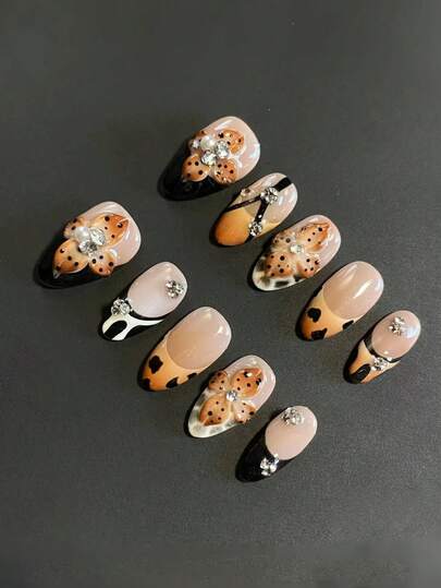 10 PIEZAS Uñas postizas con diseño de flores hechas a mano, con relieve 3D floral y estampado de leopardo, de forma almendrada media, uñas francesas falsas, uñas acrílicas gruesas para adherir, para mujeres