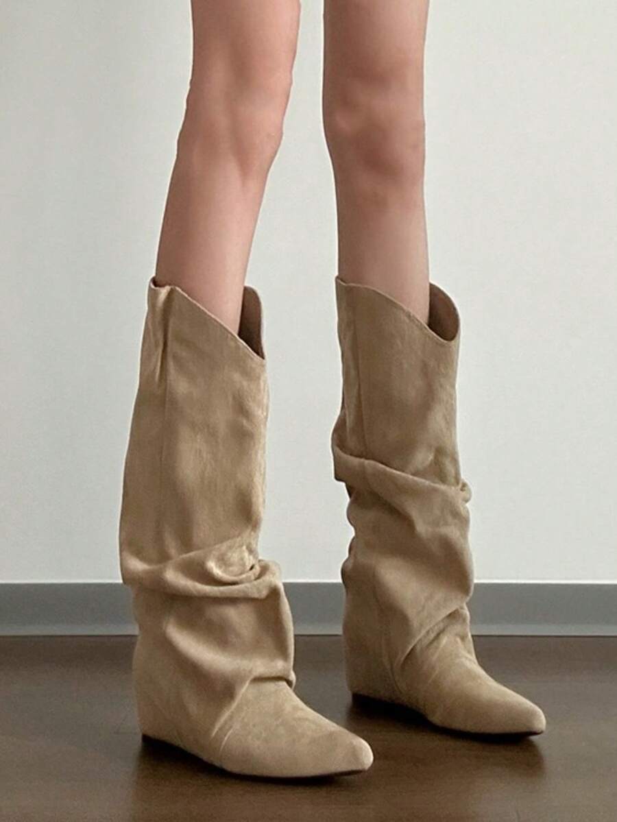 坡跟靴，尖头西部女牛仔靴，及膝靴，经典靴子，秋季、冬季、秋季，中筒褶皱宽筒靴 - 杏色 - 查看 1