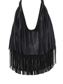 Women's Retro Suede Fringe Shoulder Bag, Crossbody Bag, Tote Bag - Black - View 5