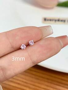 2pcs 3/4/5/6/7mm Pink Cubic Zirconia Earrings, Lightweight Luxury For Women's Daily Wear